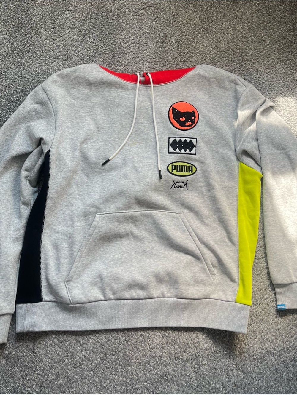Puma Playbook Light Gray Pullover Hoodie with Neon Yellow & Black Panels